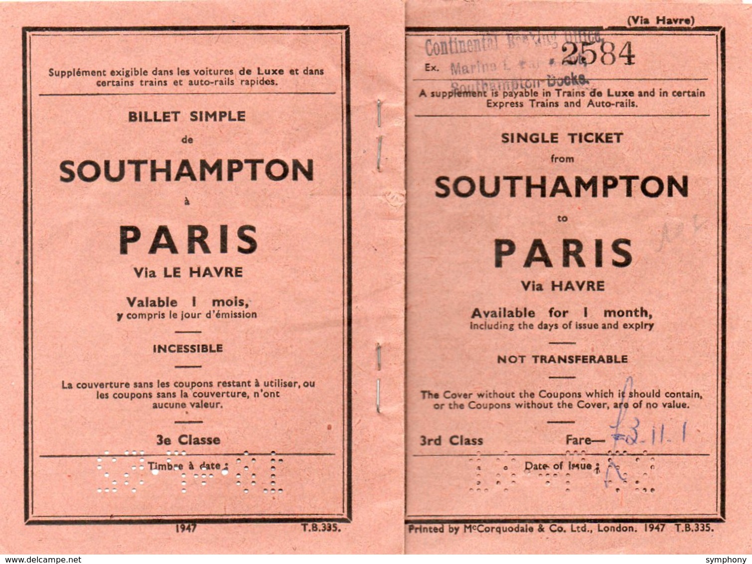 Billet Ticket Simple Trajet Southampton Au Havre Par Bateau Et Via  Paris St Lazare Par Chemin De Fer. SNCF .18.7.1952. - Europa
