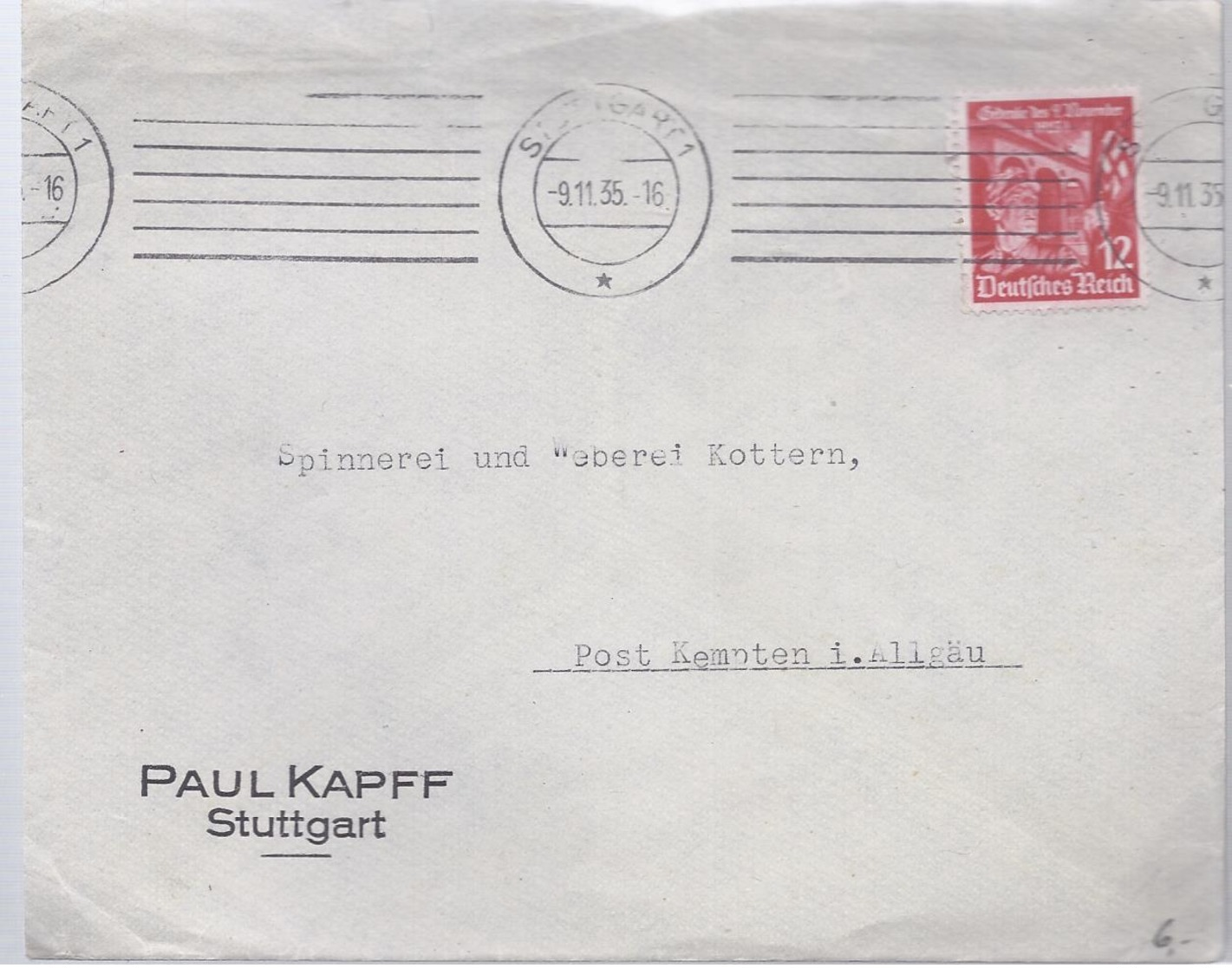 AK-23639 -    Frankatur  Stuttgart Nach Kempten  Vom 9.11.1935 - Private & Local Mails