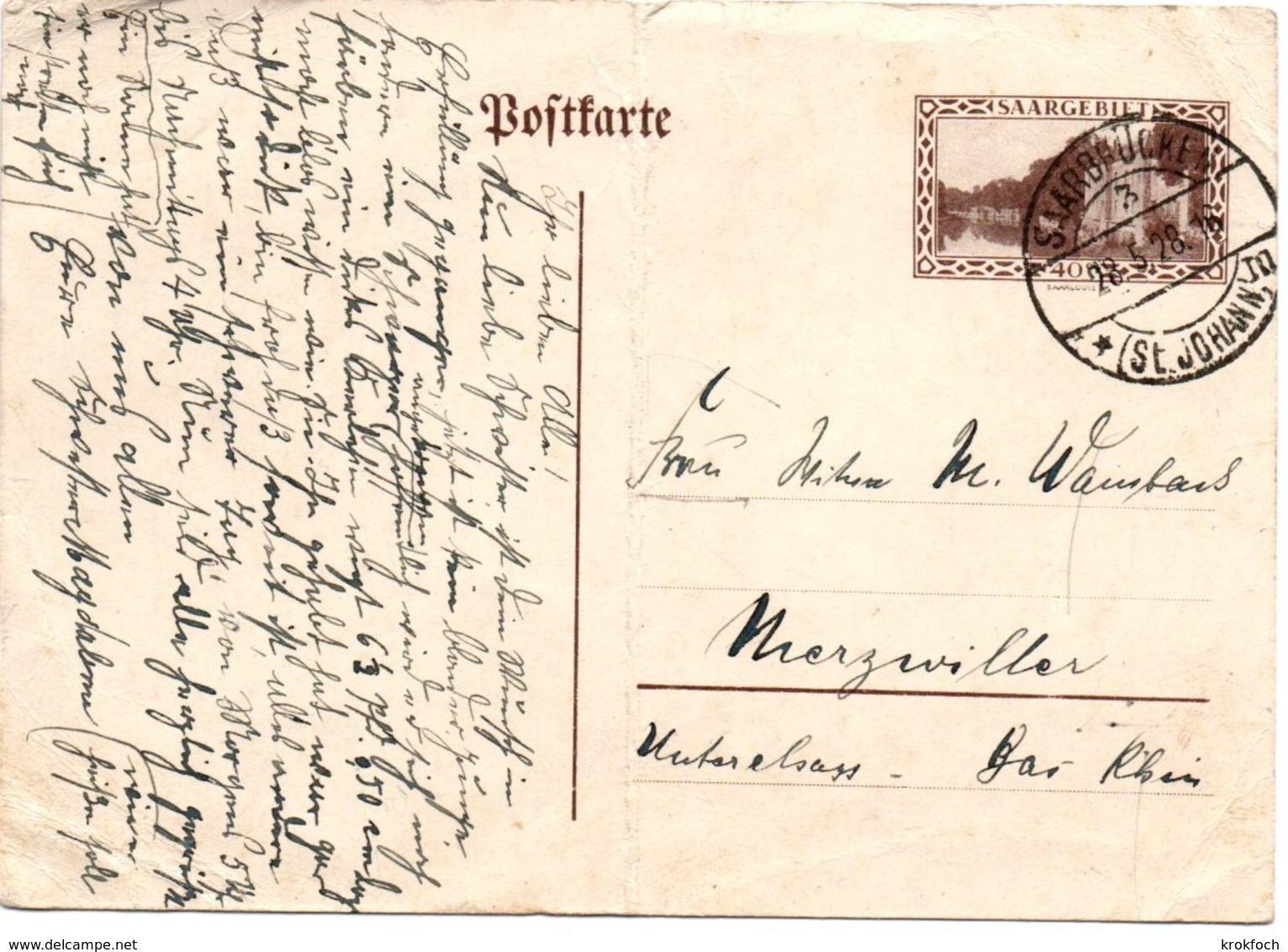 Saarbrücken 1928 St. Johann - Postkarte - Ganzsache Entier - !! Trace De Pli - Entiers Postaux