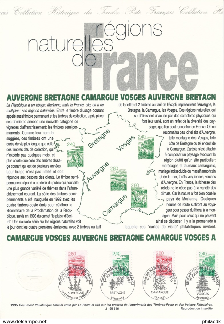 FRANCE - DOCUMENT OFFICIEL AUVERGNE BRETAGNE CAMARGUE VOSGES CAD CLERMONT FERRAND RENNES ARLES EPINAL DU 27/5/1995 - Postdokumente