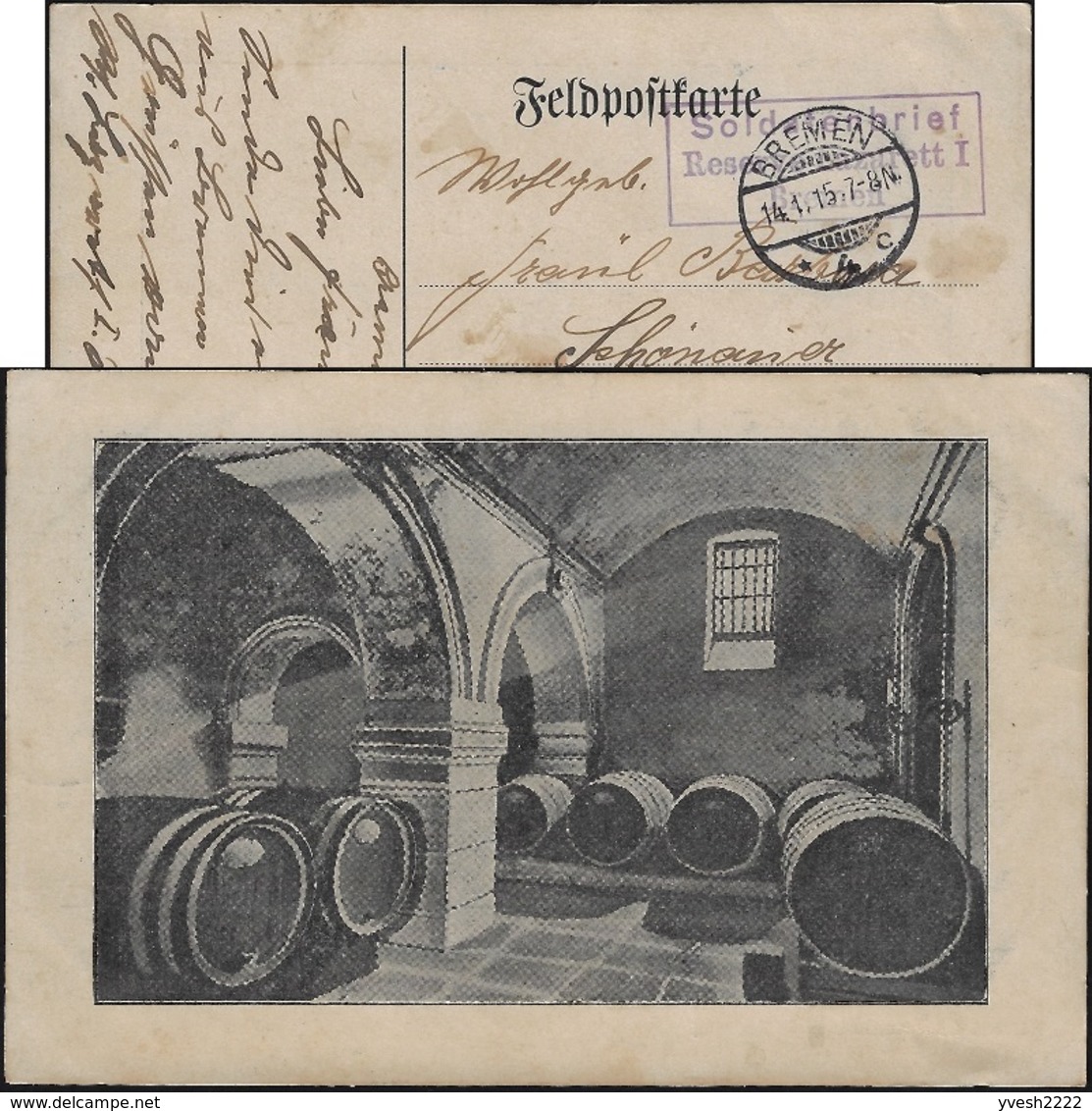 Allemagne 1915. Carte De Franchise Militaire. Cave Contenant Au Moins Sept Grands Fûts De Bière. Rai De Lumière - Bières