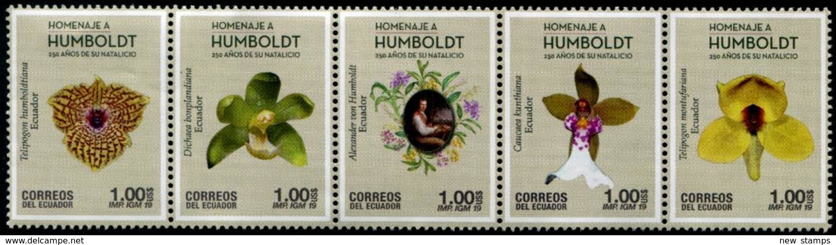 Ecuador 2019 Geographer Alexander Von Humboldt Flowers Orchids Strip Of 5v MNH - Orchids