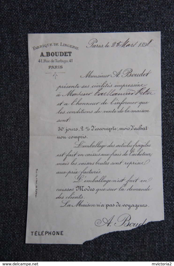 Facture Ancienne ( Petit Format) - PARIS , A.BOUDET, Fabrique De Lingerie - 1800 – 1899