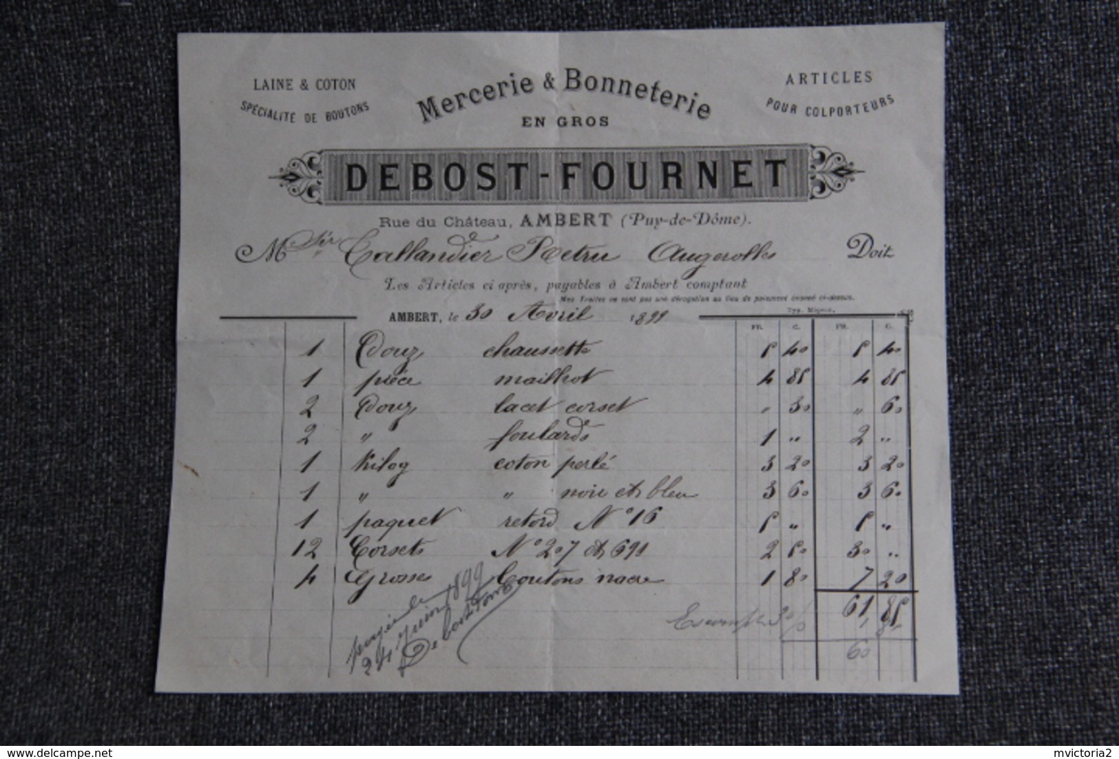 Facture Ancienne ( Moyen Format) - AMBERT, DEBOST Et FOURNET, Mercerie Et Bonneterie - 1800 – 1899