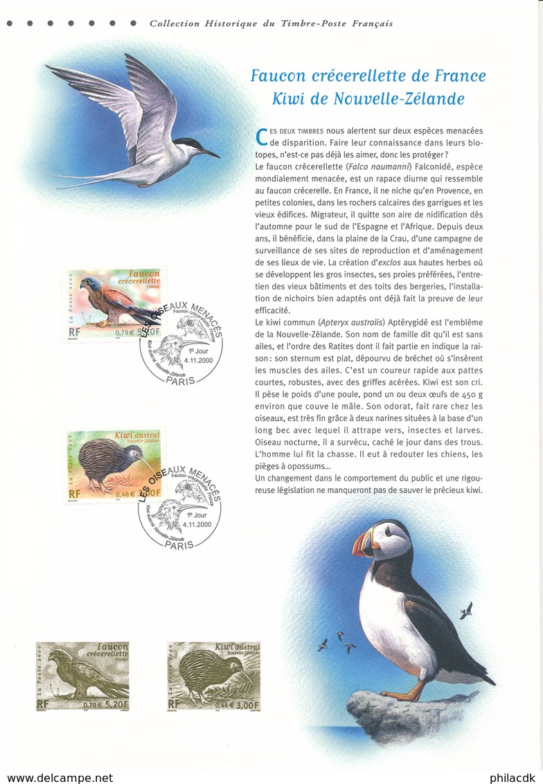 FRANCE - DOCUMENT OFFICIEL EMISSION COMMUNE FRANCE NOUVELLE ZELANDE OISEAUX MENACES CAD 4/11/2000 FAUCON CRECERELLETTE - Postdokumente