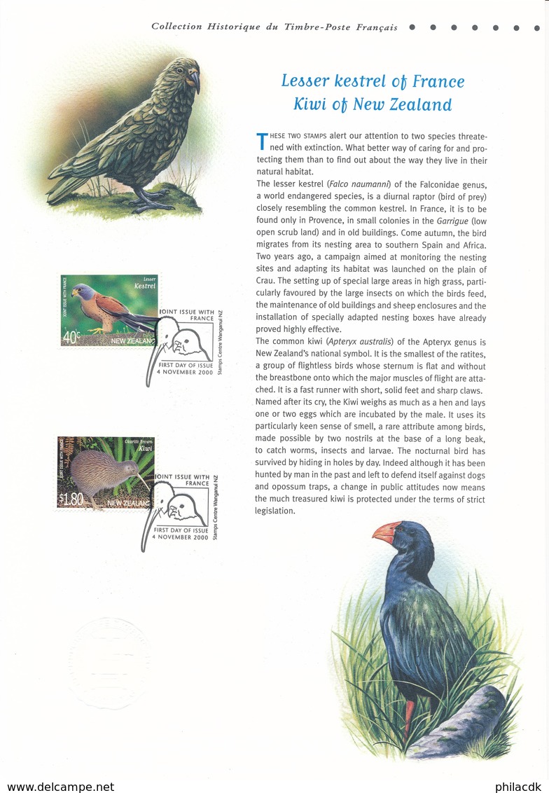 FRANCE - DOCUMENT OFFICIEL EMISSION COMMUNE FRANCE NOUVELLE ZELANDE OISEAUX MENACES CAD 4/11/2000 FAUCON CRECERELLETTE - Postdokumente