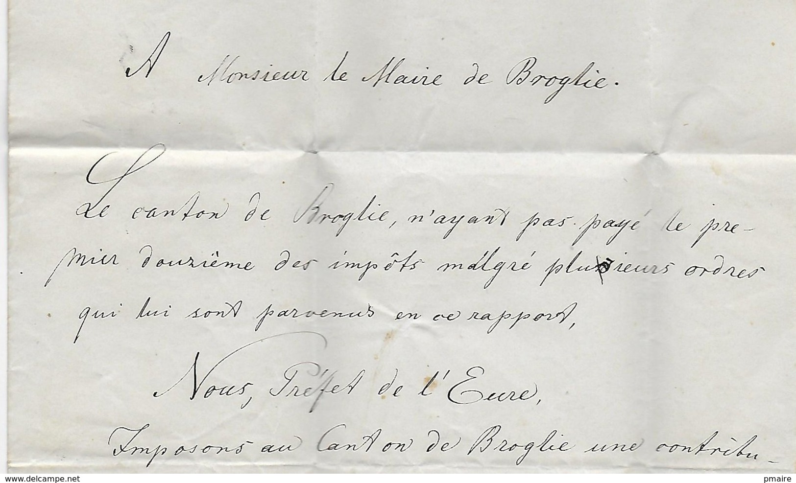 Vp257 Lettre Du Préfet De L'Eure Pour Contribution Exceptionnelle Pour Mairie De Broglie - 1801-1848: Précurseurs XIX