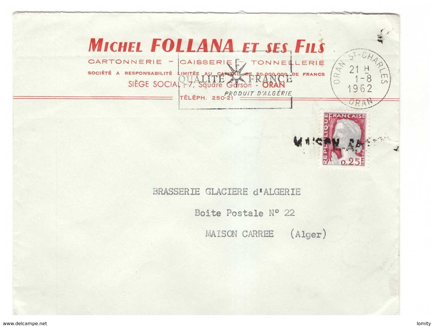 Algerie Lettre Cachet Annulation Maison Carrée 1962 Marianne Decaris Surchargé EA Michel Follana Cartonnerie Oran - Storia Postale