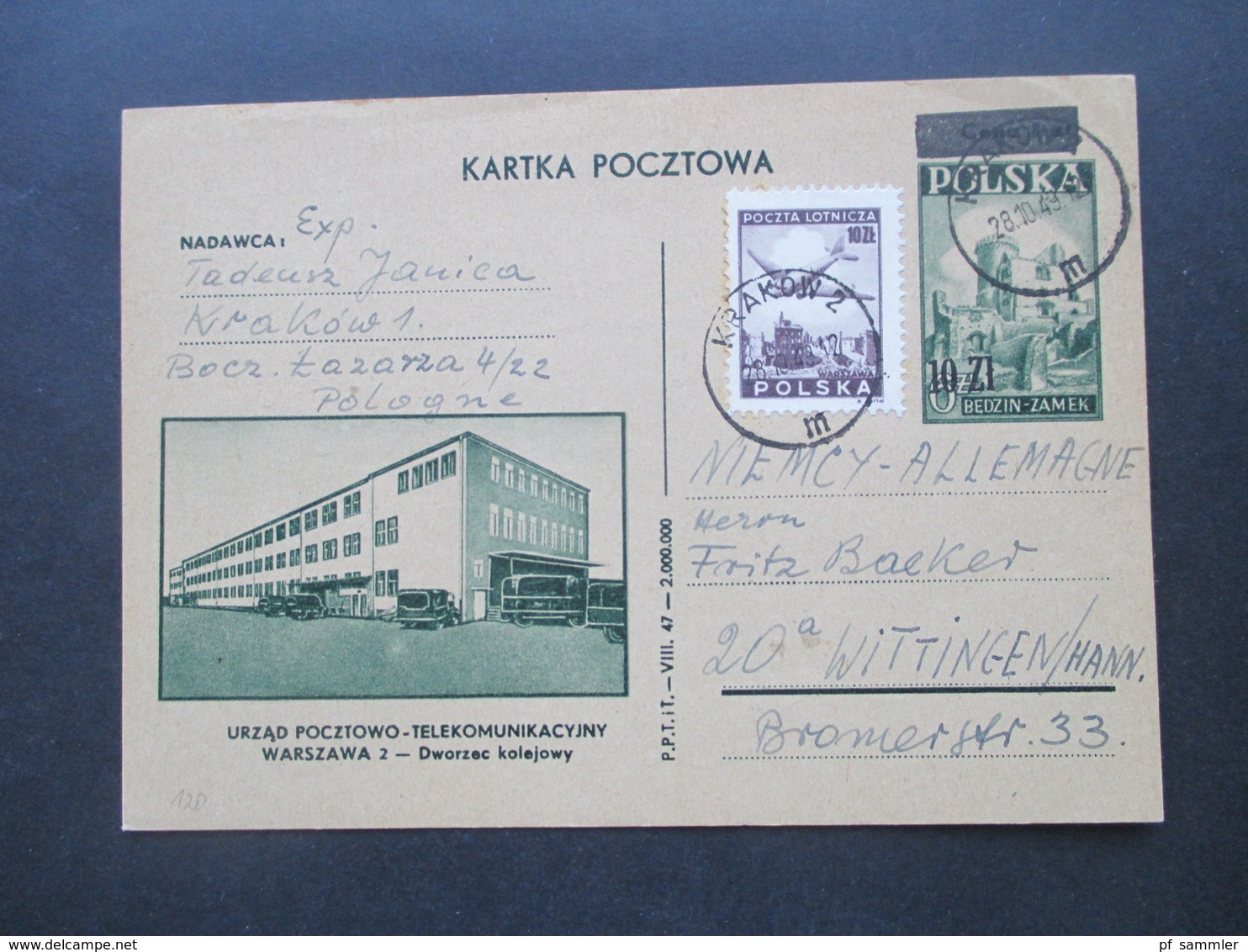 Polen 1949 Polen Ganzsache P 107 Mit Überdruck P 125 Typ V (?) Mit Zusatzfrankatur Von Krakow Nach Wittingen - Lettres & Documents