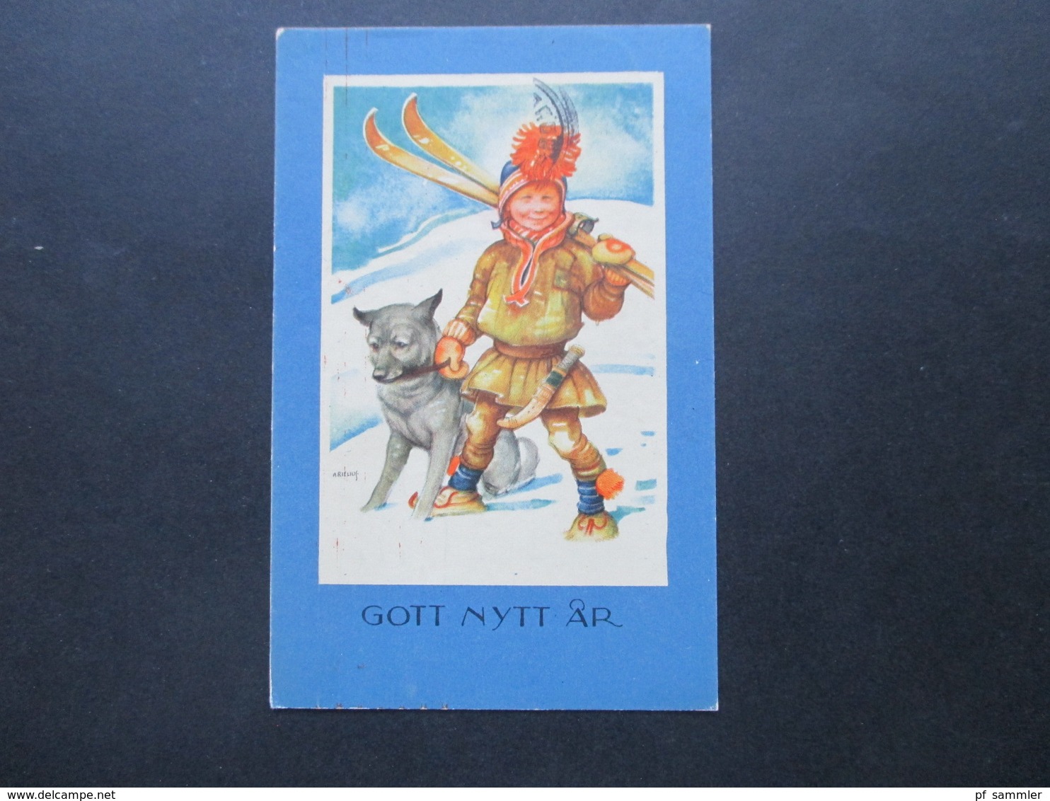 Schweden 1941 AK Gott Nytt Ar Kind In Tracht Mit Hund Und Skier Julen 1941 Marke Und OKW Zensur Des 3. Reich - Cartas & Documentos