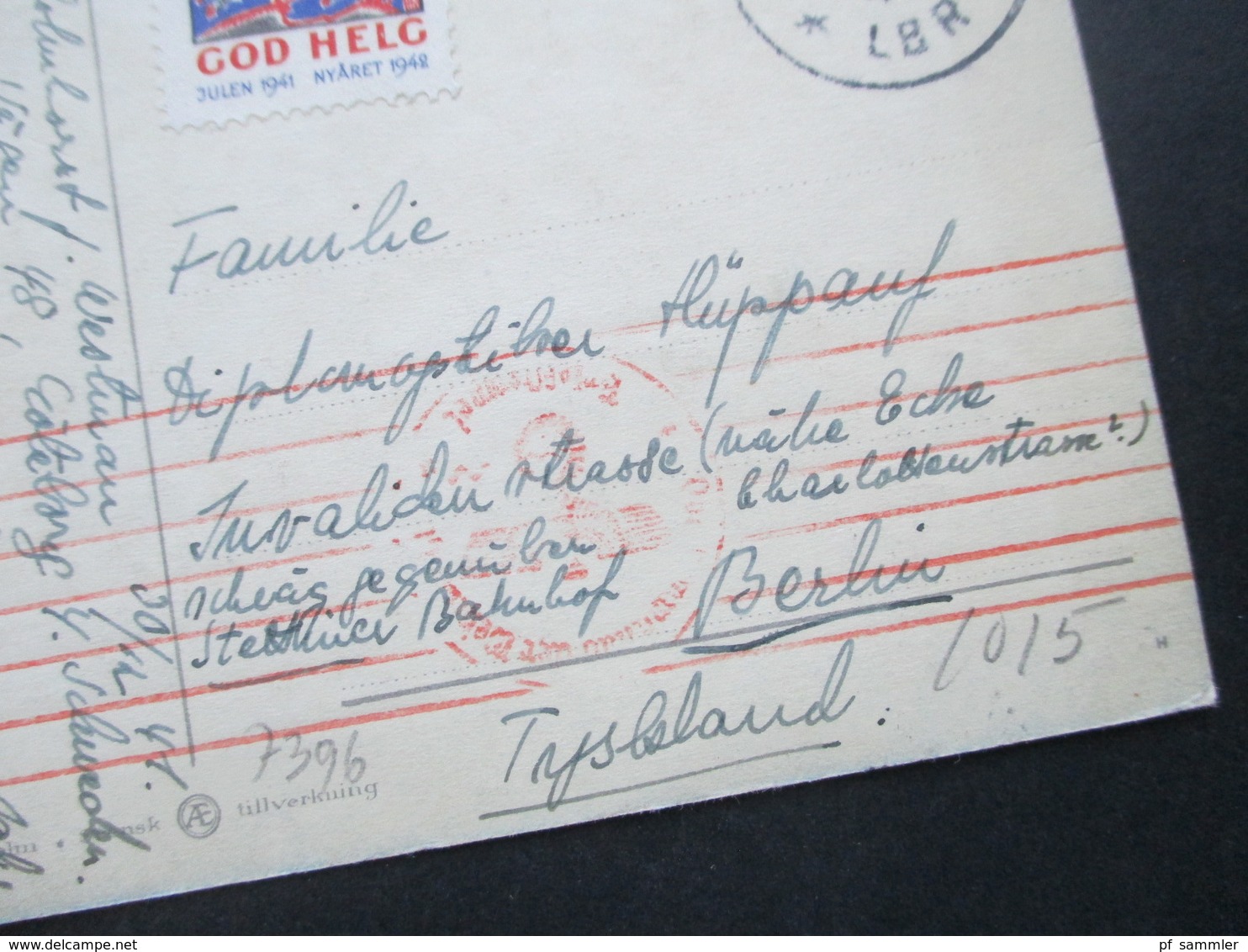 Schweden 1941 AK Gott Nytt Ar Kind In Tracht Mit Hund Und Skier Julen 1941 Marke Und OKW Zensur Des 3. Reich - Lettres & Documents