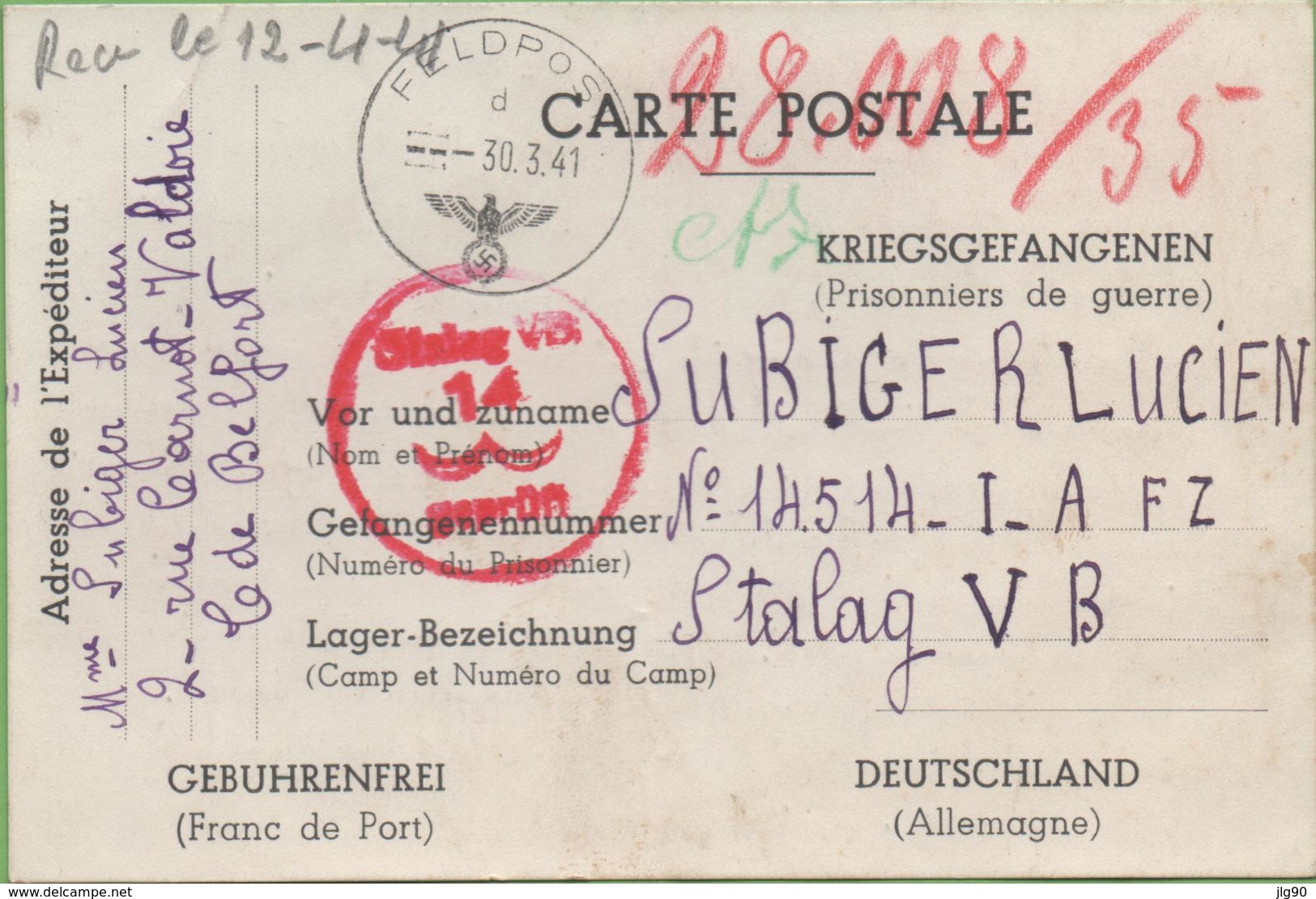 Correspondance CP Femme + Enfant à Prisonnier De Guerre De Valdoie à Stalag VB 28/03/41 - Guerra Del 1939-45