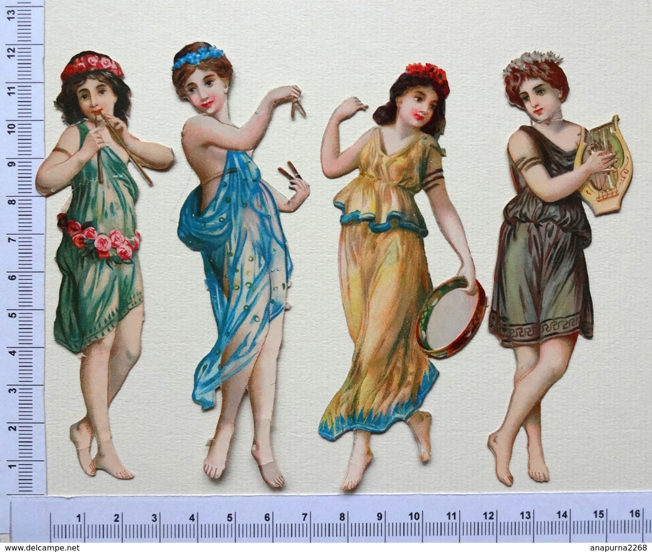 4  CHROMOS DECOUPIS......H  11 Cm.....NYMPHES MUSICIENNES...TAMBOURIN...LYRE...FLÛTE - Other & Unclassified