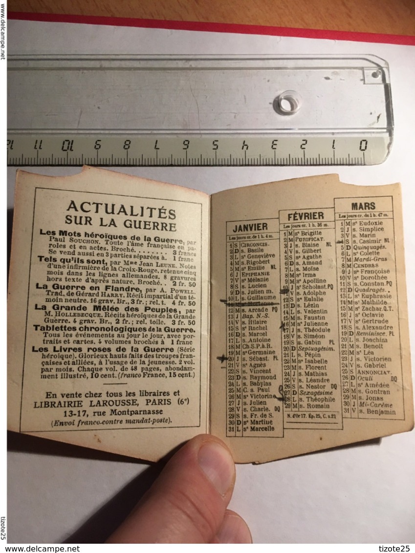 Mini Calendrier Publicitaire 1916 Petit Larousse Illustré Je Sème à Tout Vent Librairie à Paris Agenda Actu Militaria - Klein Formaat: 1921-40