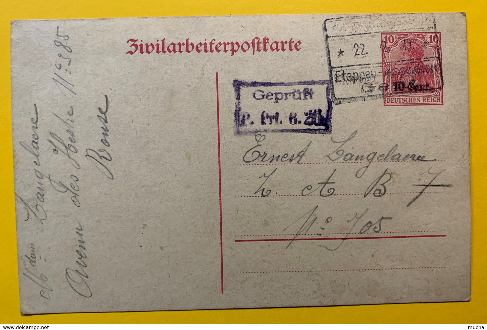 9720 - Ganzache 10 Pf Rouge Surcharge Noir 10 Ct  22.02.1917 Censure - Sonstige & Ohne Zuordnung