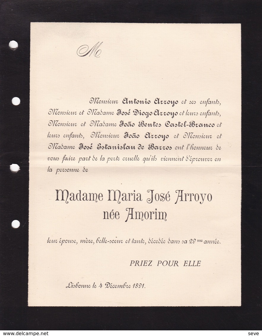 LISBONNE LISBOA Maria José ARROYO Née AMORIM 29 Ans 1891 épouse D'Antoine ARROYO Format A5 - Esquela