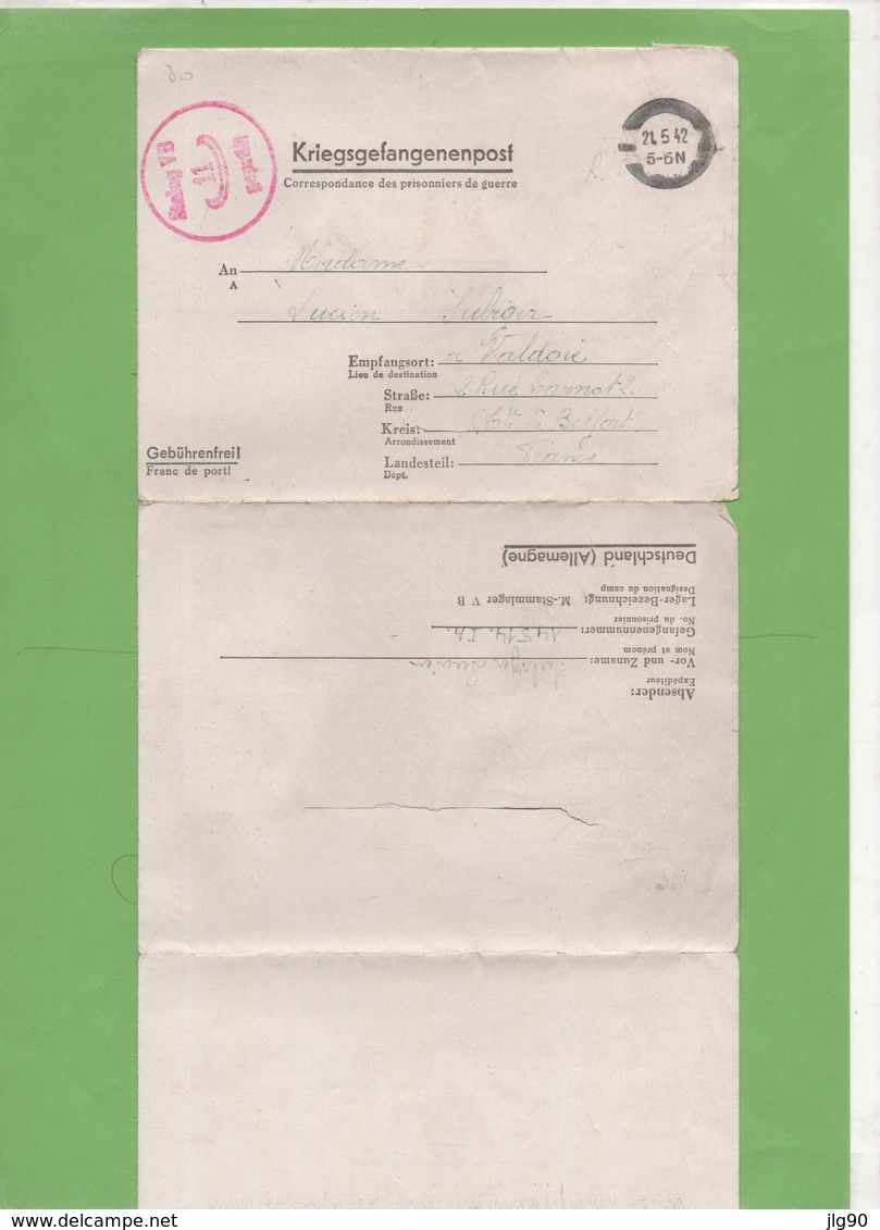 Correspondance 3 Feuillets Prisonnier De Guerre De Stalag VB  "L'HOMME DE CONFIANCE" à VALDOIE (90)  19/05/42 - Guerre De 1939-45