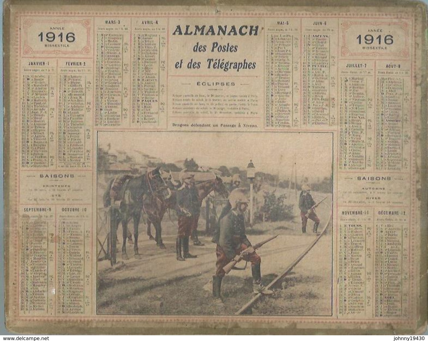 ALMANACH DES POSTES  1916 ( CALENDRIER ) DRAGONS DEFENDANT UN PASSAGE A NIVEAU - Grand Format : 1901-20