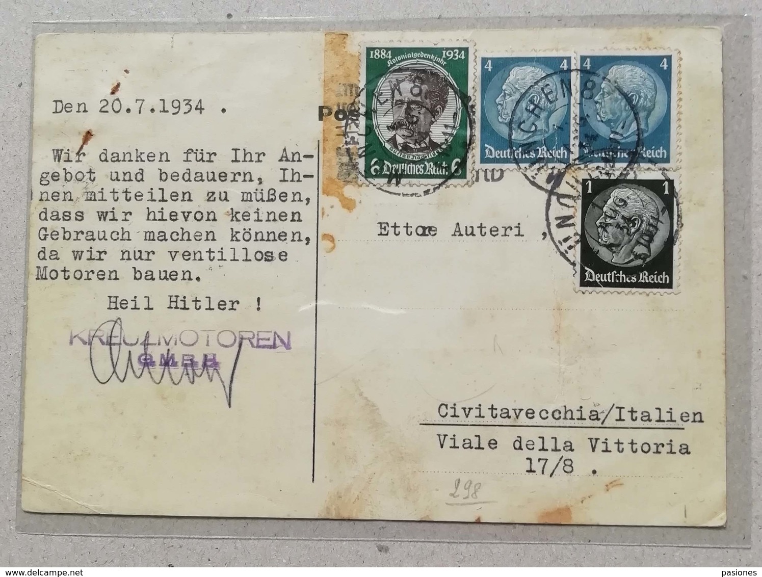 Cartolina Pubblicitaria "Kreuz-Motoren" Per Civitavecchia (Ita) - 20/07/1934 - Lettres & Documents