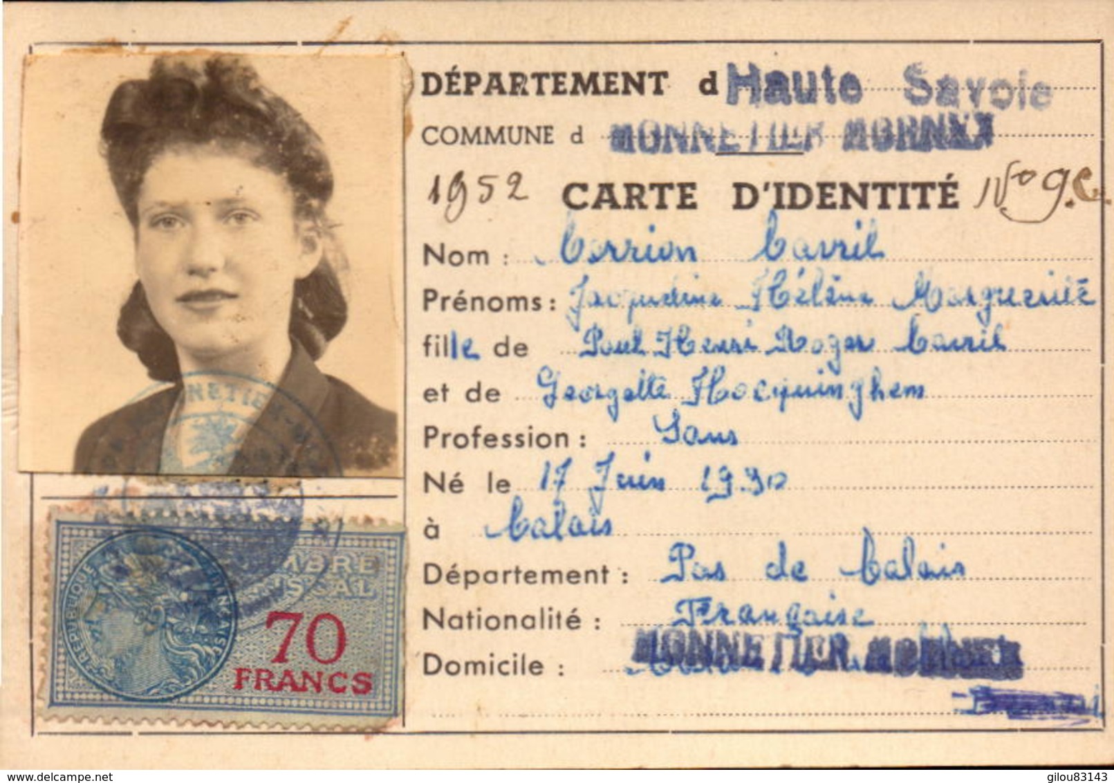 Haute Savoie, Carte D Identité, Monnetier-mornex, 1952      (bon Etat) - Altri & Non Classificati