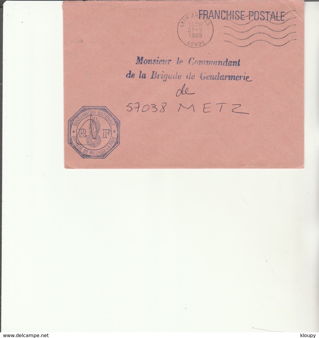 H 4 - Enveloppe Gendarmerie  RILLIEUX LA PAPE  - LYON ARMEES - Cachets Militaires A Partir De 1900 (hors Guerres)