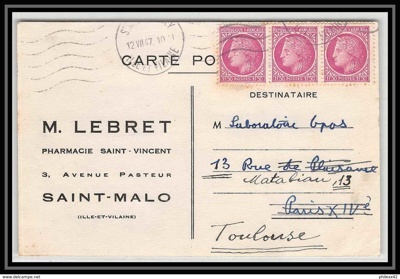 2273 Lettre (cover) N°679 Bande De 3 Mazelin Saint-Malo Ille-et-Vilaine 10/07/1947 Pour Toulouse - 1921-1960: Modern Period