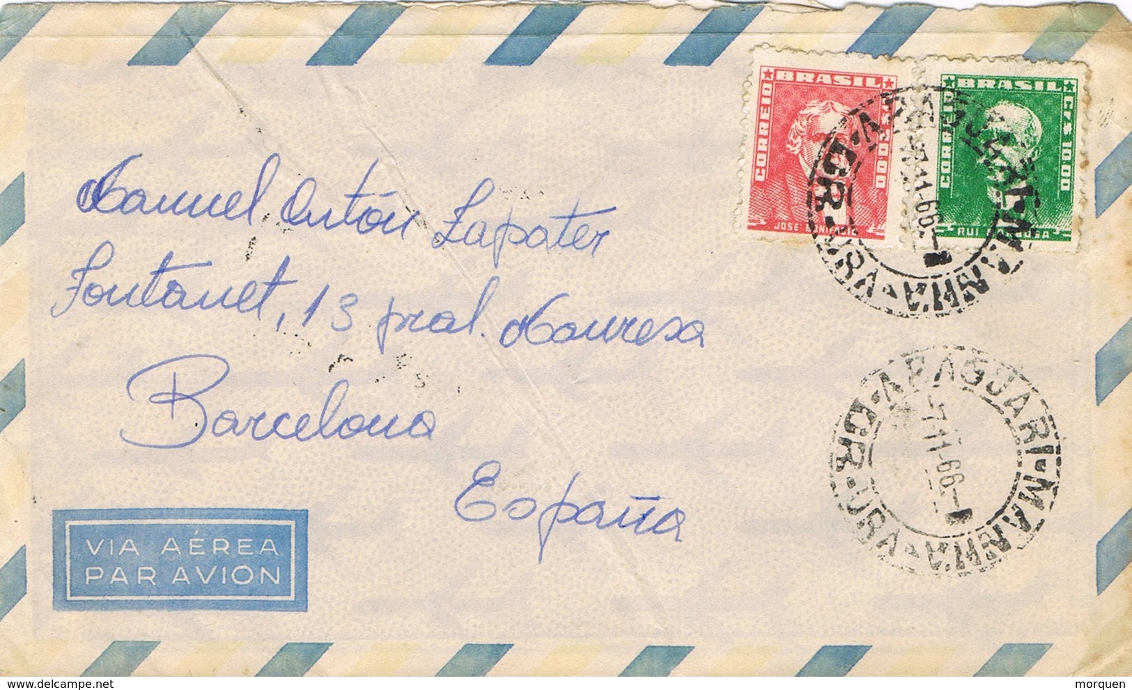 35052. Carta Aerea ARAGUARI MANNA (Minas Gerais) Brasil 1966. Carteria Barcelona - Cartas & Documentos