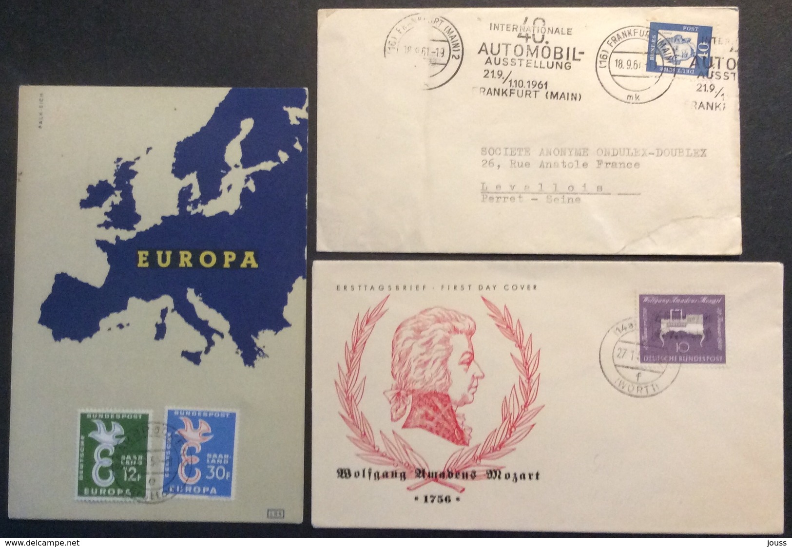 A1 Mozart 105 Württ 27/1/1956 Lessing 228 Frankfurt Main 1961  Europa 164 165 Saarbrucken 1958 2 Lettre 1 Carte Maximum - Lettres & Documents