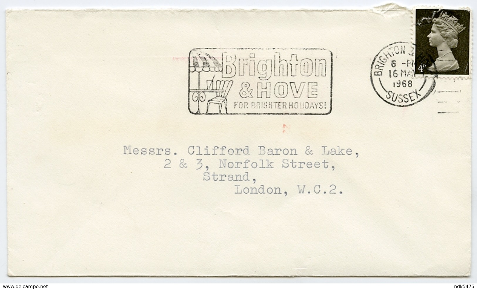 Slogan Postmark On Cover BRIGHTON & HOVE Holidays, 1968 / Address - London, The Strand, Norfolk Street - Covers & Documents