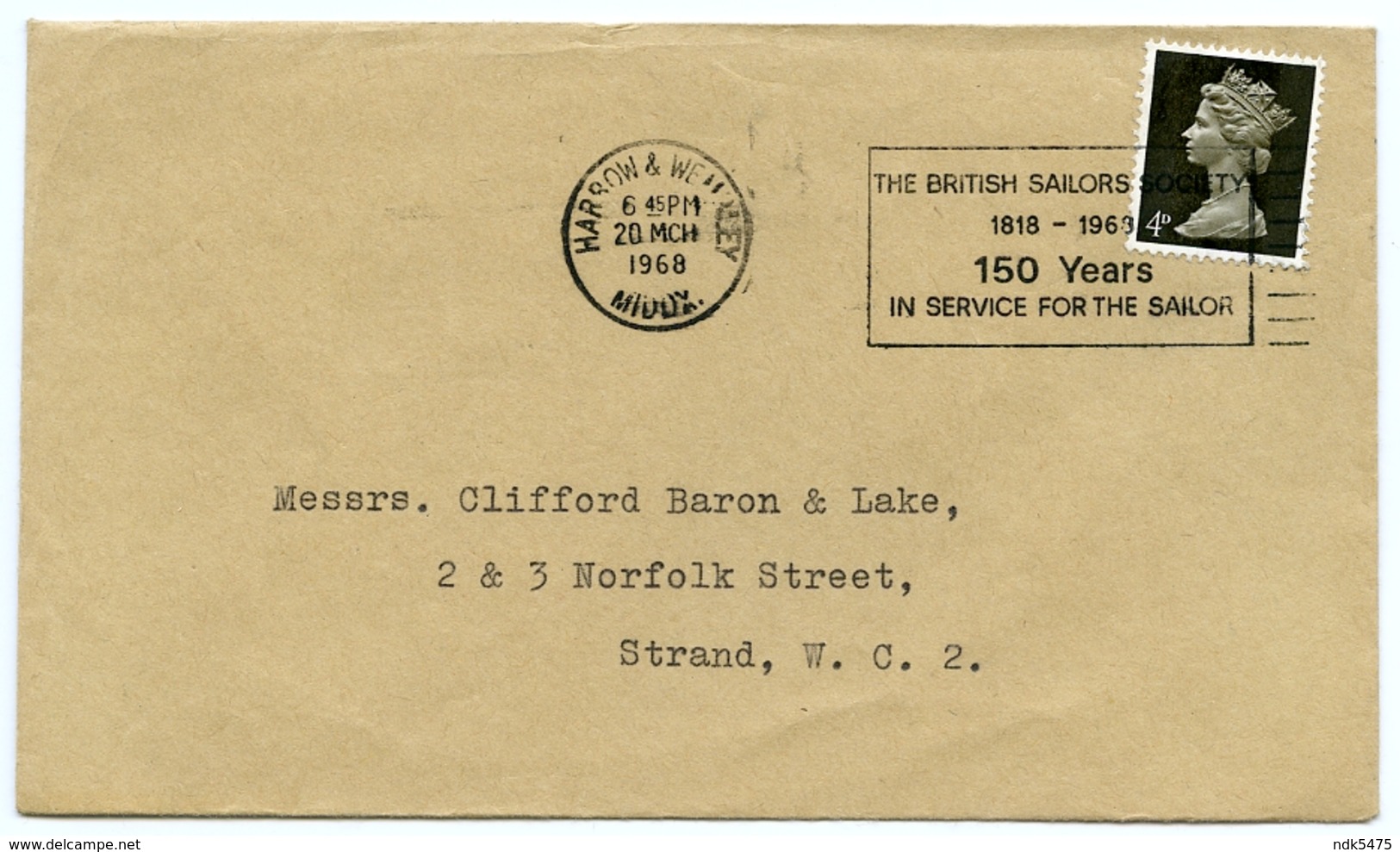 Slogan Postmark On Cover BRITISH SAILORS SOCIETY 150 YEARS / HARROW WEMBLEY 1968 - Covers & Documents