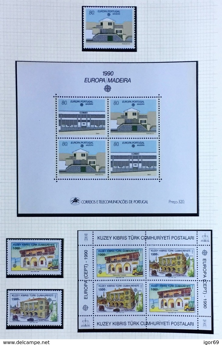 1990 Europa-CEPT  Post Office Buildings Complete Year Set With Blocks - 1990