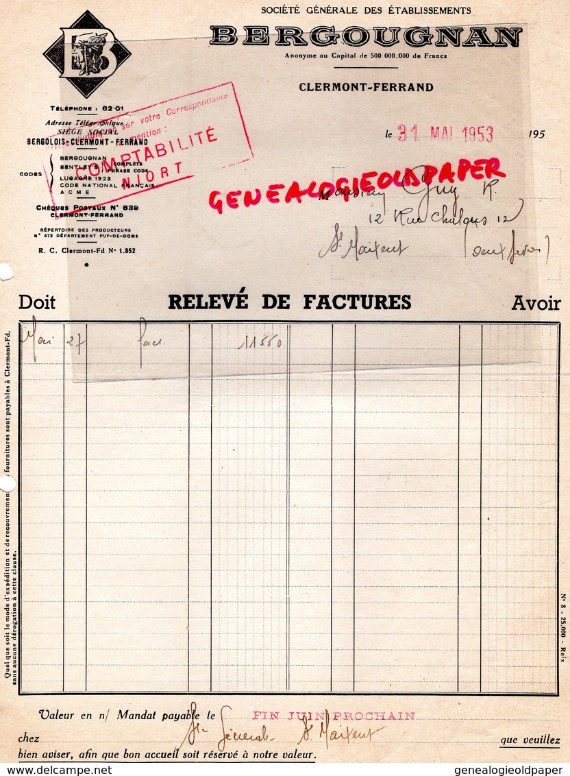 63- CLERMONT FERRAND-E FACTURE BERGOUGNAN-CAOUTCHOUC PNEUS-PNEUMATIQUES LE GAULOIS-1953  AUTO MOTO VELO - Automovilismo