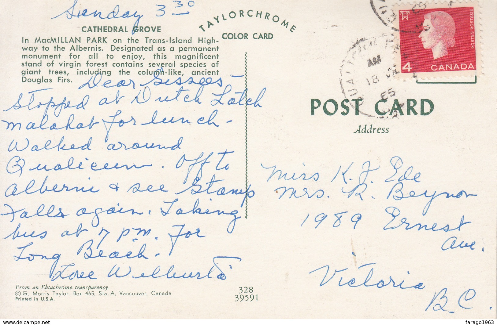 1965 Macmillan Park Cathedral Grove Douglas Firs Trees Used "QUALICUM BEACH" VF Condition - Andere & Zonder Classificatie