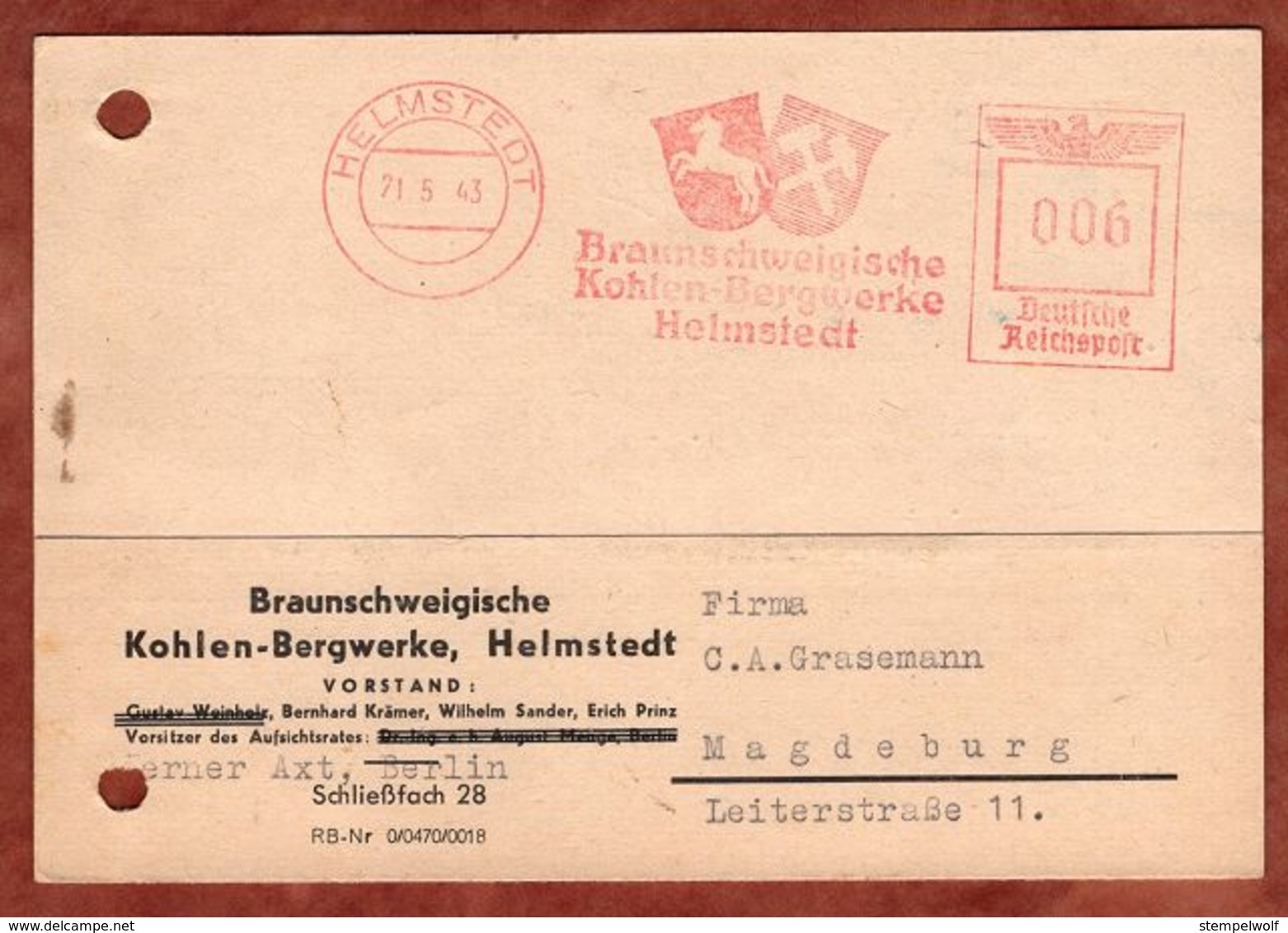 Karte, Absenderfreistempel, Wappen, Braunschweigische Kohlen-Bergwerke, 6 Pfg, Helmstedt 1943 (88536) - Briefe U. Dokumente