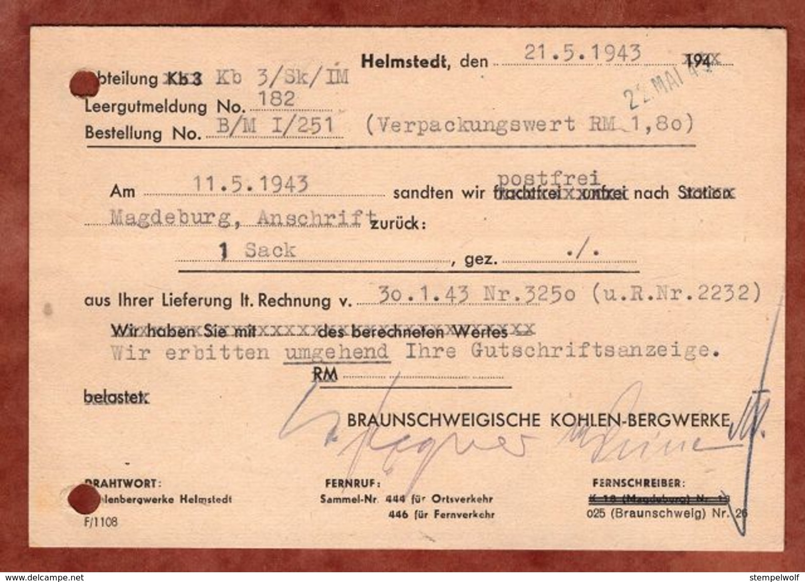 Karte, Absenderfreistempel, Wappen, Braunschweigische Kohlen-Bergwerke, 6 Pfg, Helmstedt 1943 (88536) - Briefe U. Dokumente