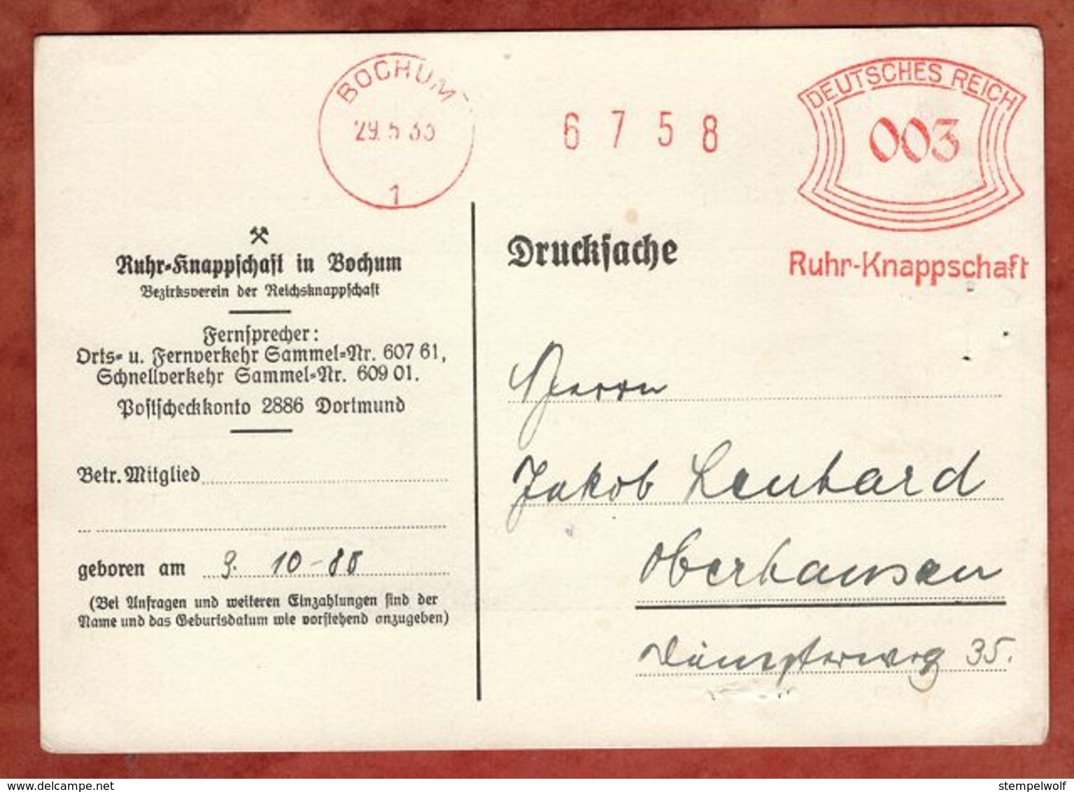 Karte, Drucksache, Absenderfreistempel, Ruhr-Knappschaft, 3 Pfg, Bochum 1933 (88542) - Briefe U. Dokumente