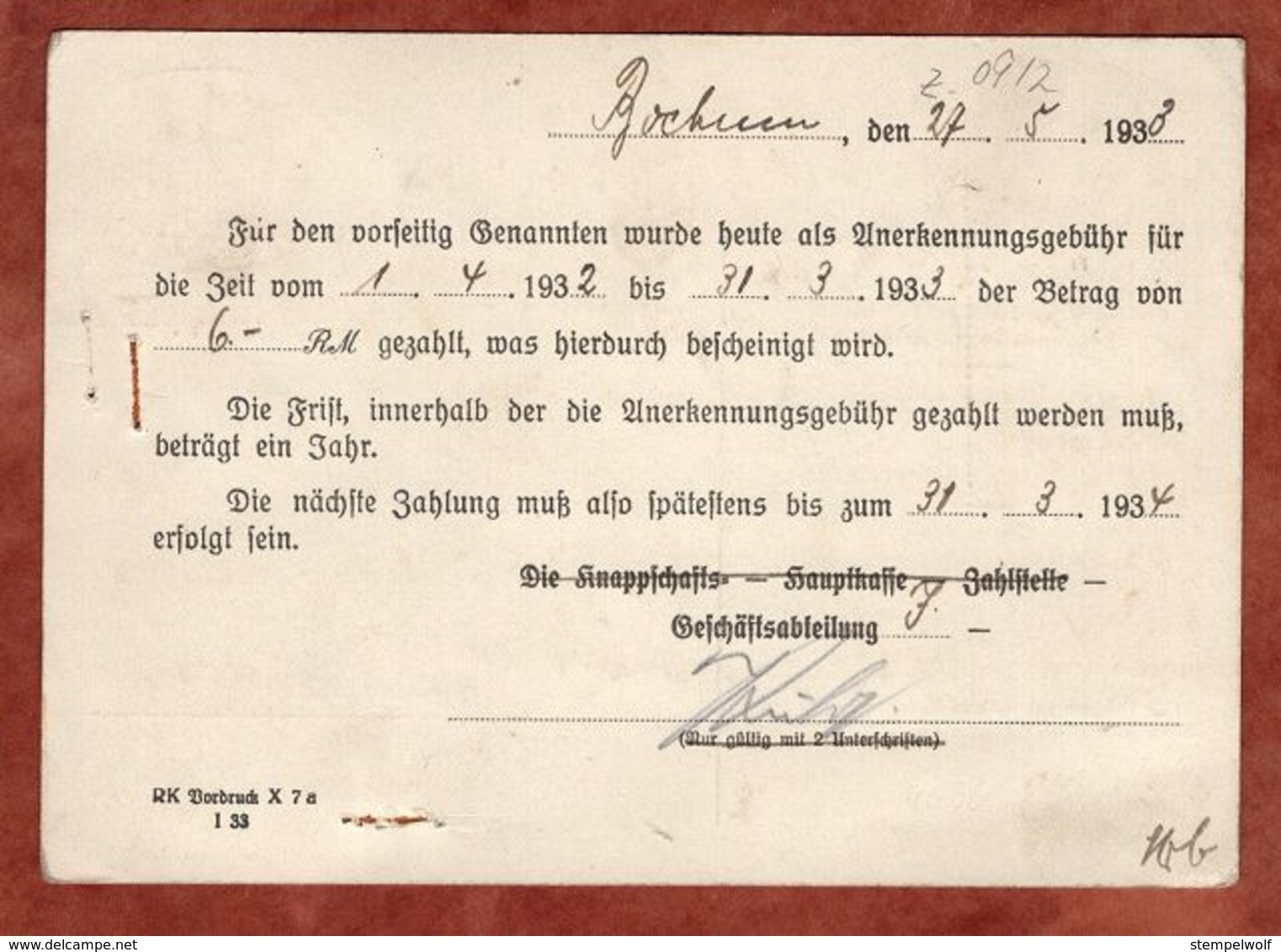 Karte, Drucksache, Absenderfreistempel, Ruhr-Knappschaft, 3 Pfg, Bochum 1933 (88542) - Briefe U. Dokumente