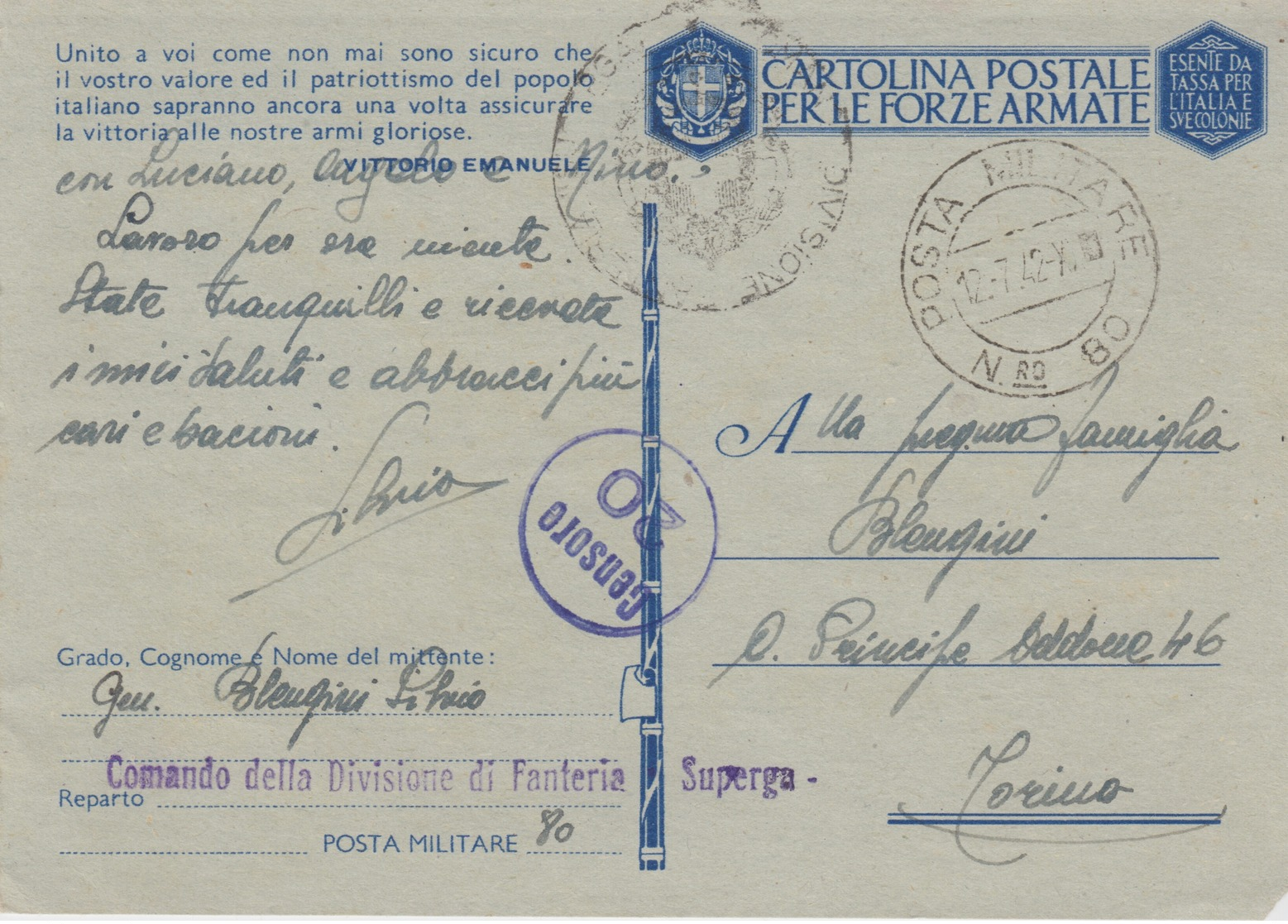 MILITARI/ B - CARTOLINA - POSTA MILITARE N°80 - Guerra 1939-45