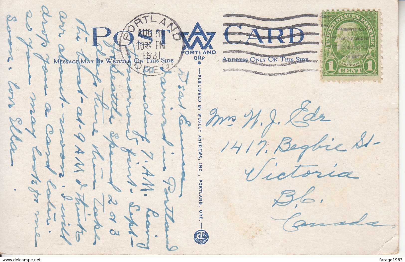 1931 Oneonta Gorge  Used Portland  To Victoria Canada Very Good Condition (1 Weak Corner) - Portland