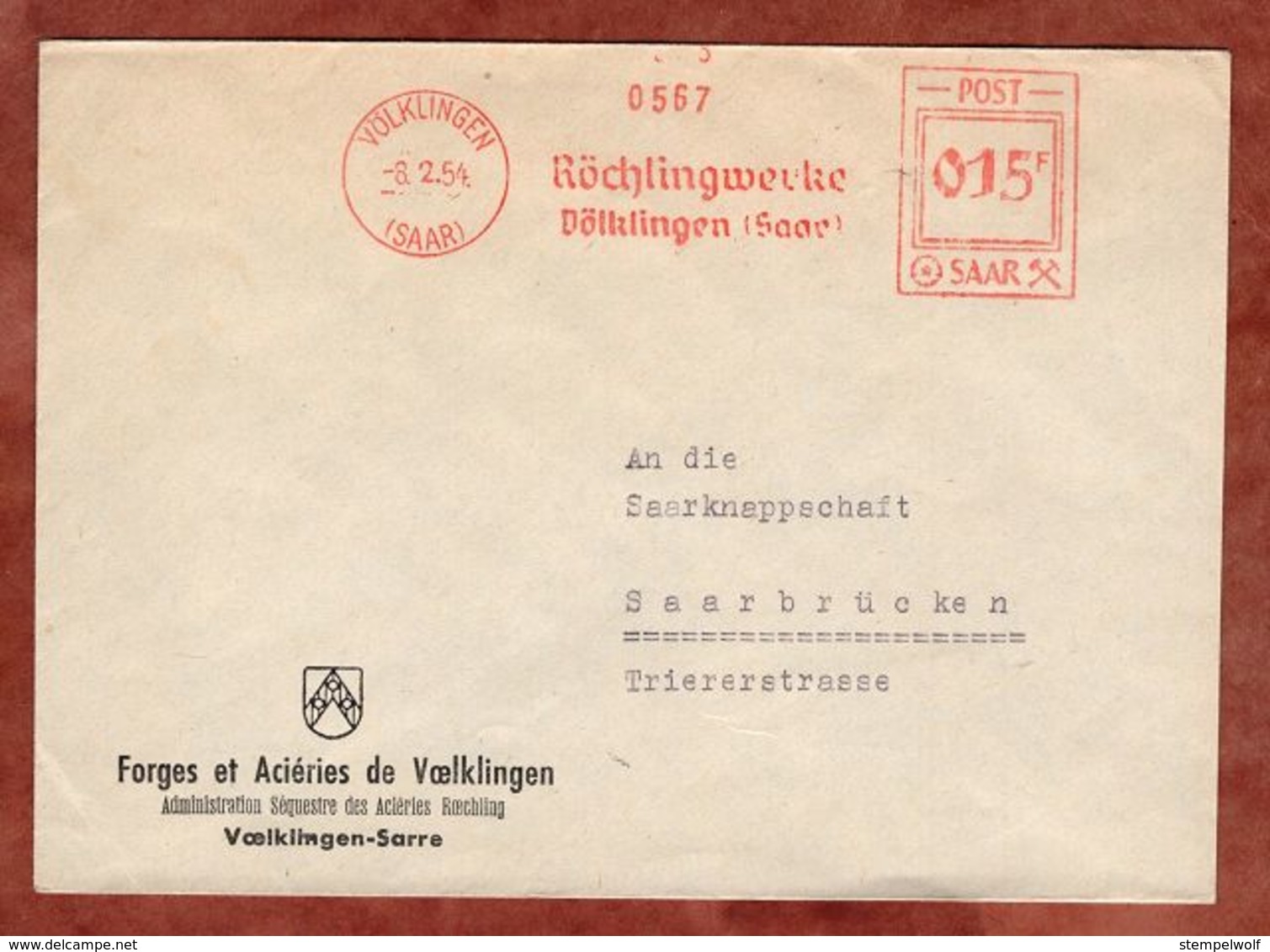 Brief, Absenderfreistempel, Roechlingwerke Voelklingen Saar, 15 F, 1954 (88548) - Briefe U. Dokumente