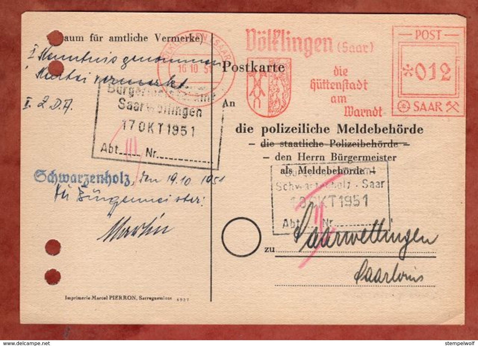 Karte, Absenderfreistempel, Wappen, Huettenstadt Voelklingen Saar, 12 F, 1954 (88549) - Briefe U. Dokumente