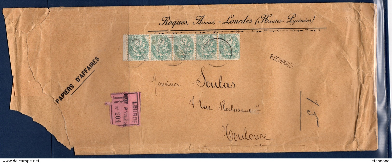 = Enveloppe Papiers D'affaires Recommandé De Lourdes à Toulouse 5 Timbres N°111 - 1900-29 Blanc