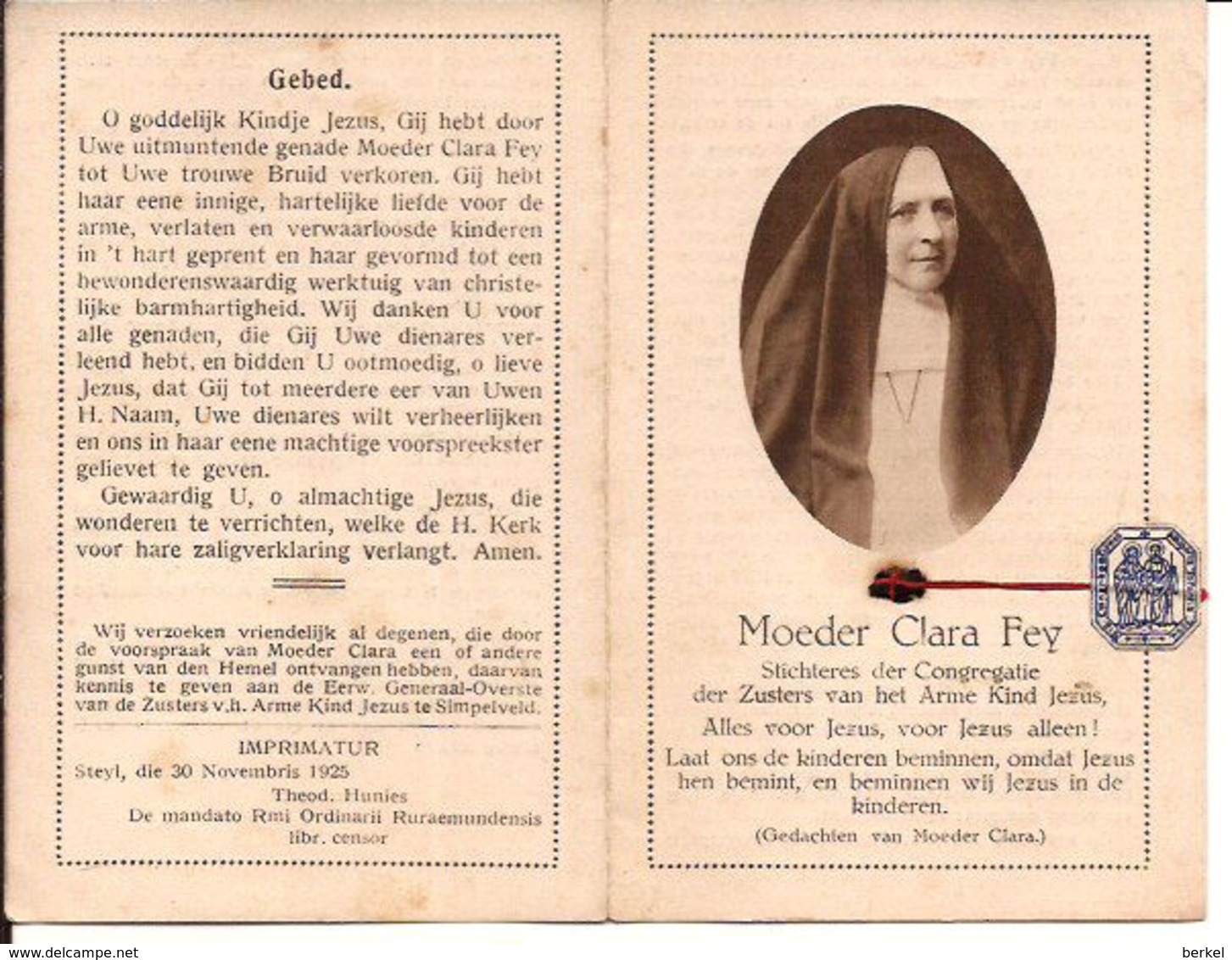 RELIQUE RELIKWIE Mutter  CLARA FEY AACHEN 1815 Simpelveld Nl 1894 + Ref 997 - Religion & Esotérisme