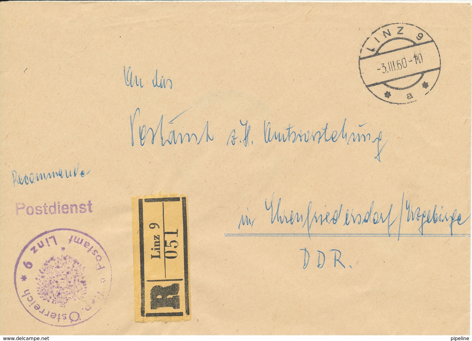 Austria Registered Cover Sent POSTDIENST To Germany DDR Linz 3-3-1960 - Lettres & Documents
