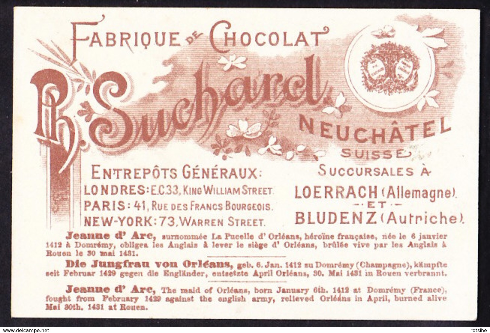 CHROMO Chocolat SUCHARD   +/- 1898  Serie 57  Femmes Célèbres    Jeanne D'Arc   Trade Card - Suchard