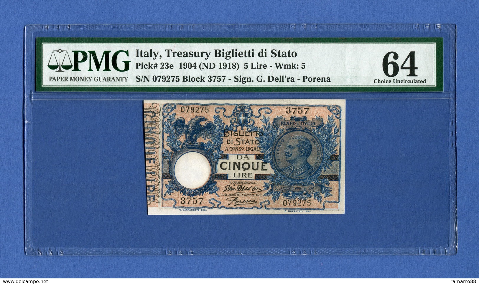 Italy - 5 Lire Vittorio Emanuele III 1904 (ND 1918) Pick # 23e PMG 64 Choice Uncirculated - Italia – 5 Lire