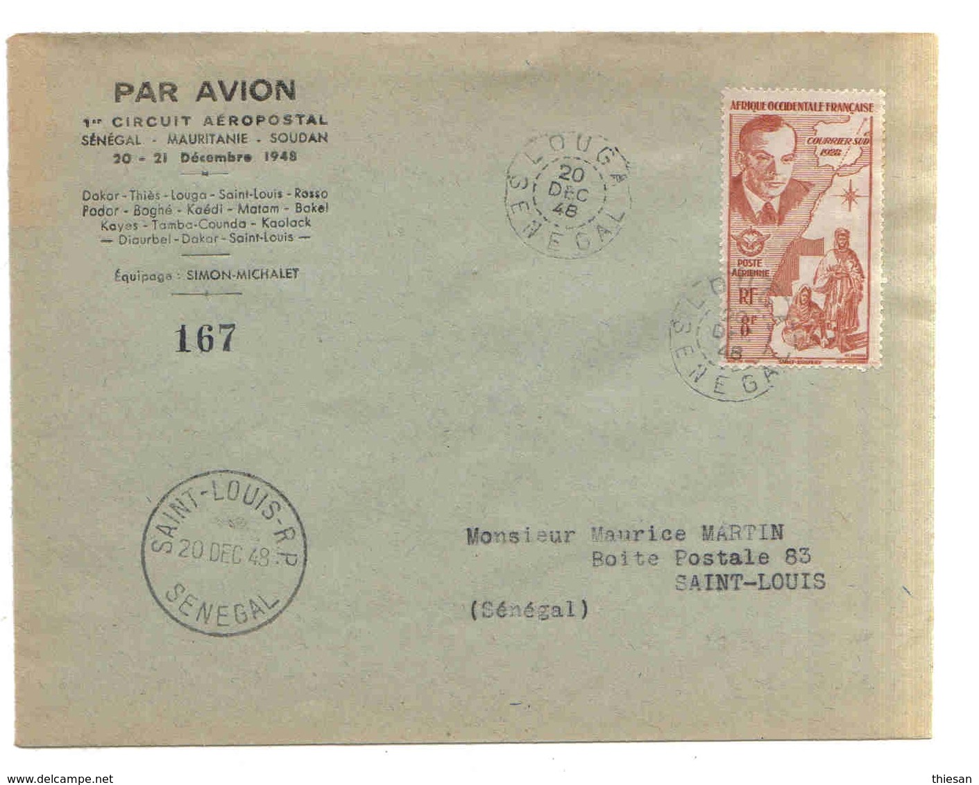 Senegal Lettre Avion Louga St Louis 1948 St Exupery Carte Sahara Espagnol Map Cover Brief Belege Carta Aeropostale - Lettres & Documents