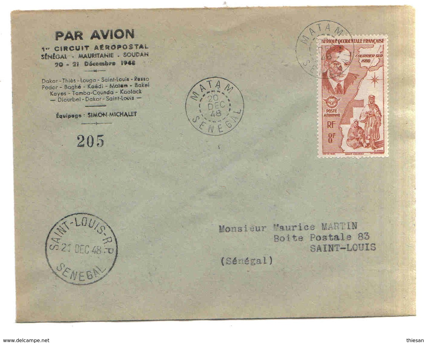 Senegal Lettre Avion Matam St Louis 1948 St Exupery Carte Sahara Espagnol Map Cover Brief Belege Carta Aeropostale - Lettres & Documents