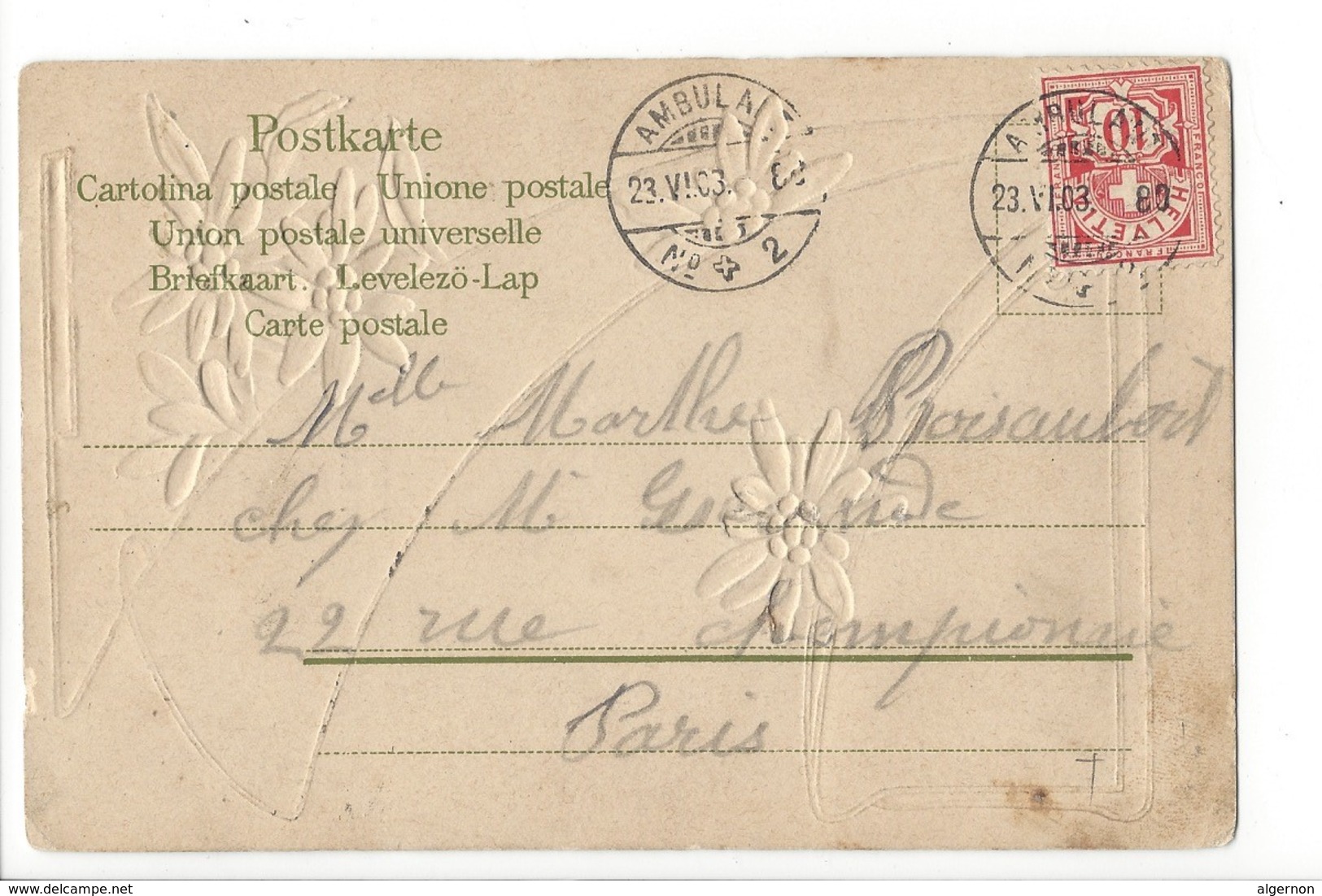 25210 - Gruss Aus Sursee Edelweiss Carte En Relief Cachet Ambulant 1903 - Sursee