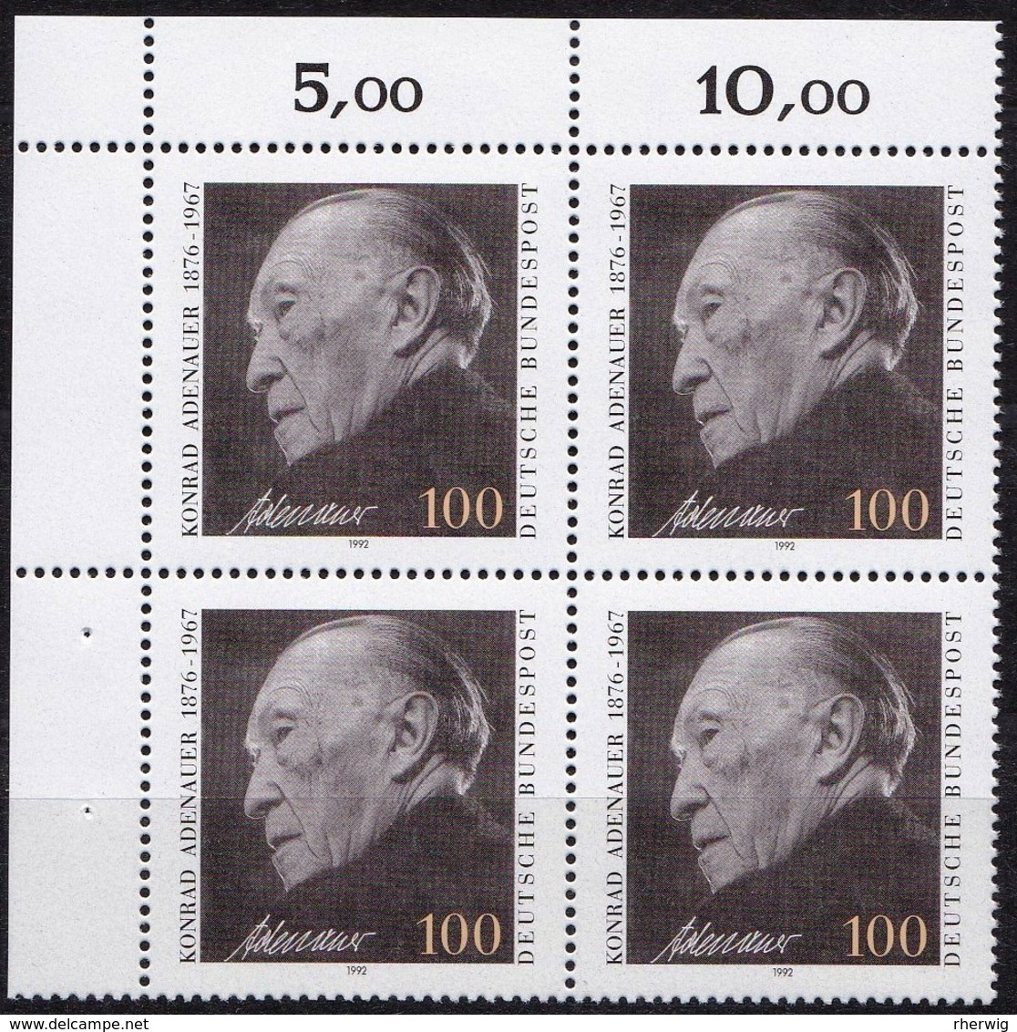 BRD, 1992 Nr. 1601 **,  Viererblock Mit Eckrand Oben Links, "Konrad Adenauer" - Neufs